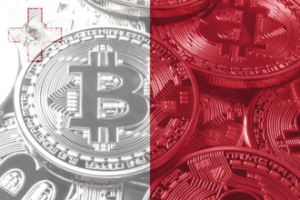 Malta bitcoin flag, national flag cryptocurrency concept black background