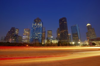 Houston downtown skyline at sunset dusk in Texas US USA