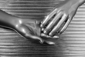 Hands together futuristic robot silver steel over gray background