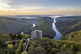 Aerial view of the Saarschleife in Mettlach with the treetop walk in spring, Germany, Europe