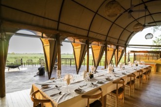 Set table in the restaurant, Okuti Camp, Moremi Game Reserve, Okavango Delta, Maun, Botswana,
