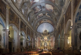 Majorca, Pollenca, Esglesia Nostra Senyora dels Angels, view of the altar, ceiling paintings by