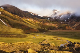 National Park Landmannalaugar, Iceland. Sunrise in the Arctic. Striped mountains of rhyolite
