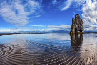 Rock Hvitserkur on the sea beach in the form of a huge elephant. Ocean tide at sunset. The north