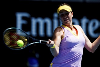 MELBOURNE, AUSTRALIA - JANUARY 19: Anastasia Pavlyuchenkova of Russia hits a forehand to Donna