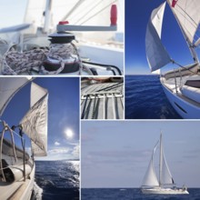 Collage of sailing boat staff: winch with rope, yacht crop, sailboat in the sea