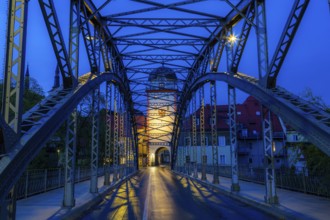 Waasenbrücke and Schwammerlturm, landmark of Leoben, blue hour, Leoben, Styria, Austria, Europe