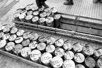 Dabbawalas tiffin boxes at Churchgate Mumbai Maharashtra India Asia 1989