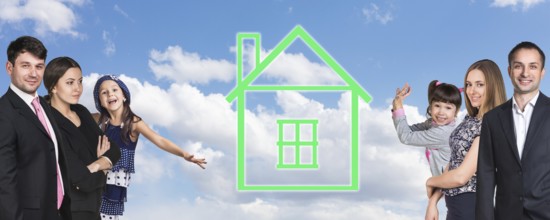Happy caucasian family on the background of sky with home logo
