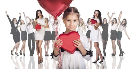 Beautiful girl in dress giving box heart isolated on white