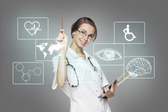 Young female doctor in uniform touch hexagon with icons over gray background. Elements of this