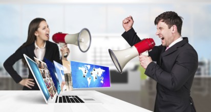 Businessman stands near laptop with many screens and scream to loudspeaker. Elements of this image