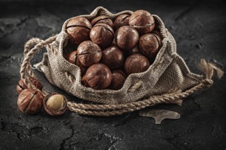 Opened Full Of Macadamia Nuts Burlap Bag On Dark Background