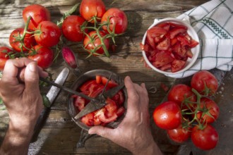 Preparation with strainer preserve fresh smooth round tomato