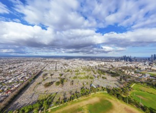 Aerial view of Melbourne Cemetery on a cool winter's day from Parkville in Victoria, Australia,
