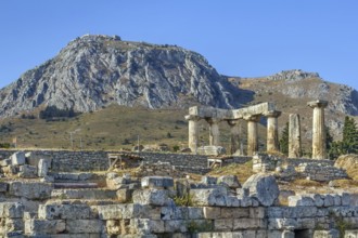 The ruins of the Temple of Apollo in ancient Corinth, Greece, Europe
