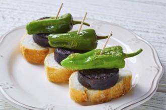 Pinchos Burgos morcilla with padron pepper tapas pintxos from Spain food