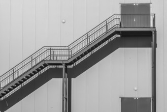 Greyscale shot outdoor stairway to the building in the sun