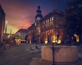 Stadt Nordhausen Rathaus sunset city hall with Roland figure in Thuringia Germany