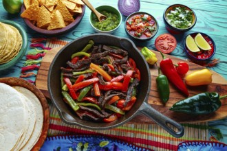 Beef fajitas in a pan with sauces chili and sides Mexican food