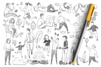 Healthy family lifestyle doodle set. Collection of hand drawn parents doing sport, meditating,