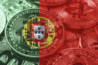Portugal bitcoin flag, national flag cryptocurrency concept black background
