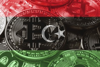 Libya bitcoin flag, national flag cryptocurrency concept black background