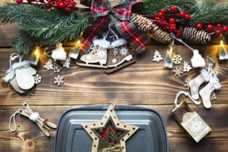 Christmas decor of food delivery service containers. New year's eve promotion. Ready-made hot