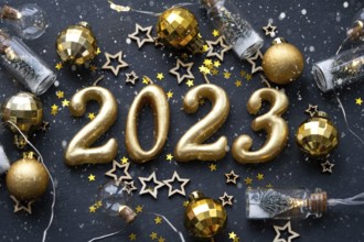 The golden figures 2023 made of candles on a black stone slate background are decorated with a