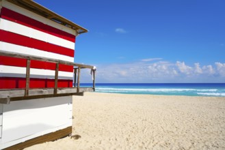 Cancun Playa Delfines beach baywatch tower in Riviera Maya of Mexico