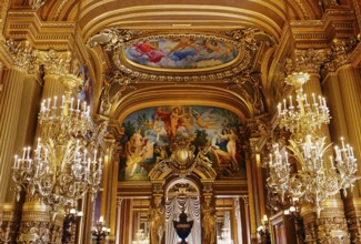 PARIS, FRANCE, MARCH 14, 2017 : interiors, frescoes and architectural details of the palais