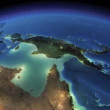 Highly detailed Earth, illuminated by moonlight. The glow of cities sheds light on the detailed