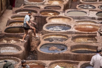 FES, MOROCCO, ARIL 10, 2023, Famous tannery in the medina of Fes, where leather is being processed