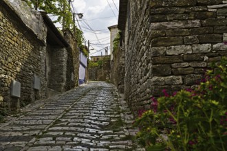 A view on buildings in Gjirokastra on a cloudy day