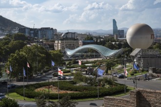 TBILISI, GEORGIA - AUGUST 19, 2023: Aerial view at the city center