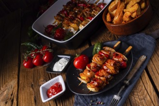 Marinated kebabs with meat and vegetables