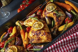 Grilled chicken legs with various vegetables and herbs