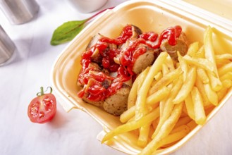 Grilled bratwurst with French fries and ketchup