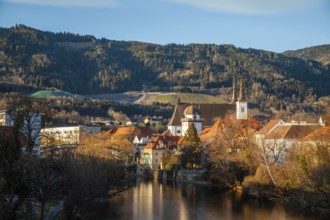 View of the historic city centre, old town of Leoben at the river Mur, Schwammerlturm and church St