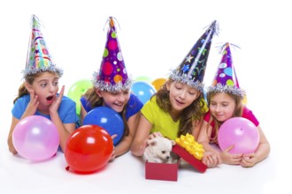 Happy kid girls puppy dog gift in birthday party balloons on white background