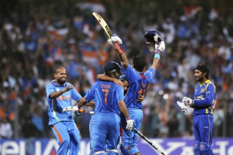 Indian cricketers celebrate after beating Sri Lanka ICC Cricket World Cup 2011 final match Wankhede