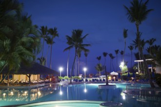 Tropical resort at night. View with empty restautant, huge palms and electric lights reflecting in
