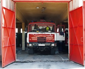Old fire truck, fire hoses and equipment