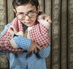 Smiling child dress vintage clothes. Close up shot