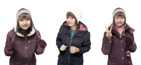 Collage beautiful young girl in winter to cloth on white background. Picture built from several