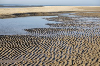 Water flowing over rippled sand forming beautiful patterns on a beach at low tide
