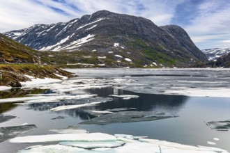 Norway. The cold clear water of the lake Djupvatnet is covered with ice in July. The mountains are