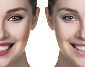Comparative portrait of female face, without and with makeup