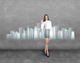 Businesswoman working with modern virtual technologies on gray background