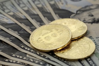 Virtual cryptocurrency money Bitcoin golden coins on United States US twenty dollar bill ($20) with